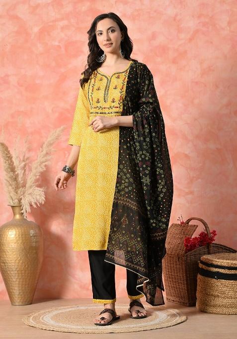 Yellow Printed Viscose Kurta Set