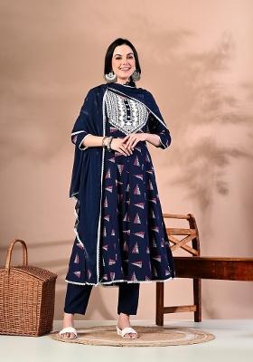 Blue Printed Viscose Kurta Set