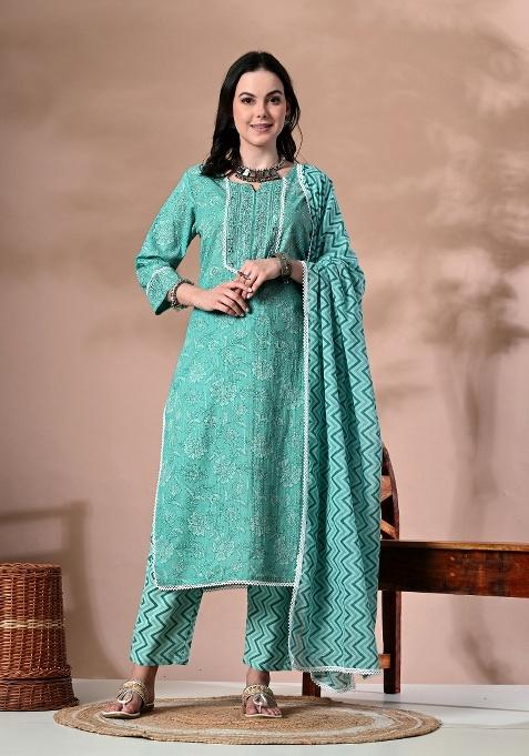 Green Printed Cotton Kurta Set