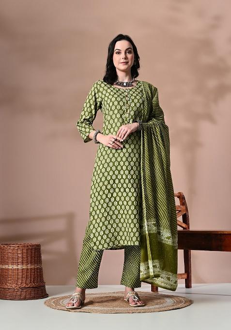 Green Printed Cotton Kurta Set