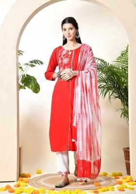 Red Embroidery Viscose Kurta Set