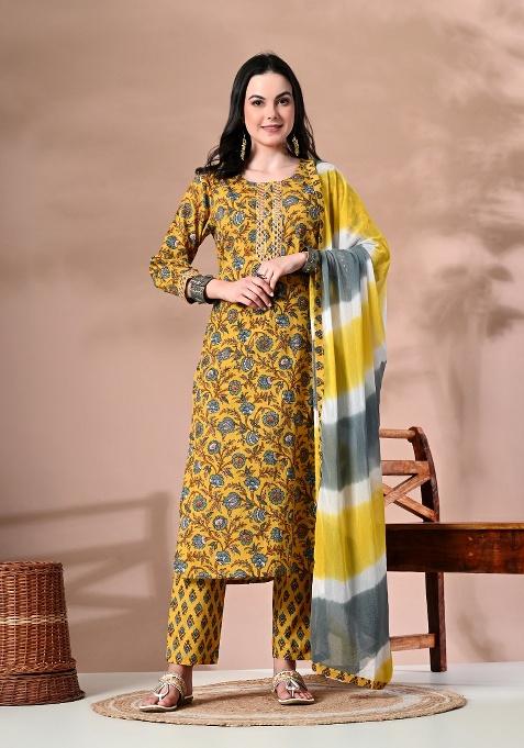 Yellow Printed Cotton Kurta Set