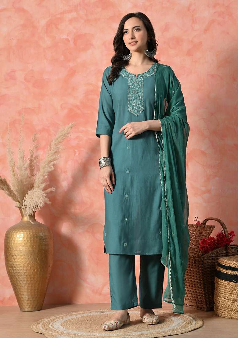 Teal Blue Embroidery Silk Blend Kurta Set - Indya
