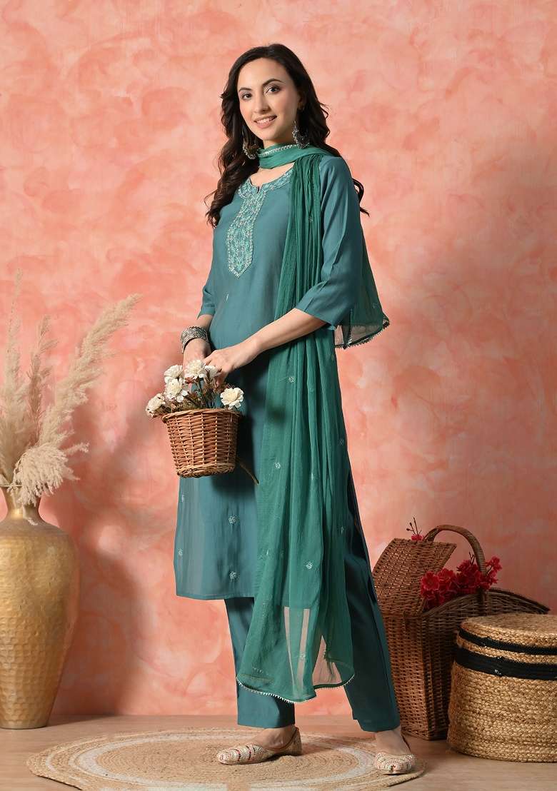 Teal Blue Embroidery Silk Blend Kurta Set - Indya