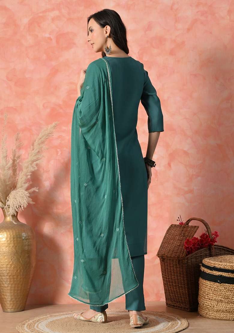 Teal Blue Embroidery Silk Blend Kurta Set - Indya