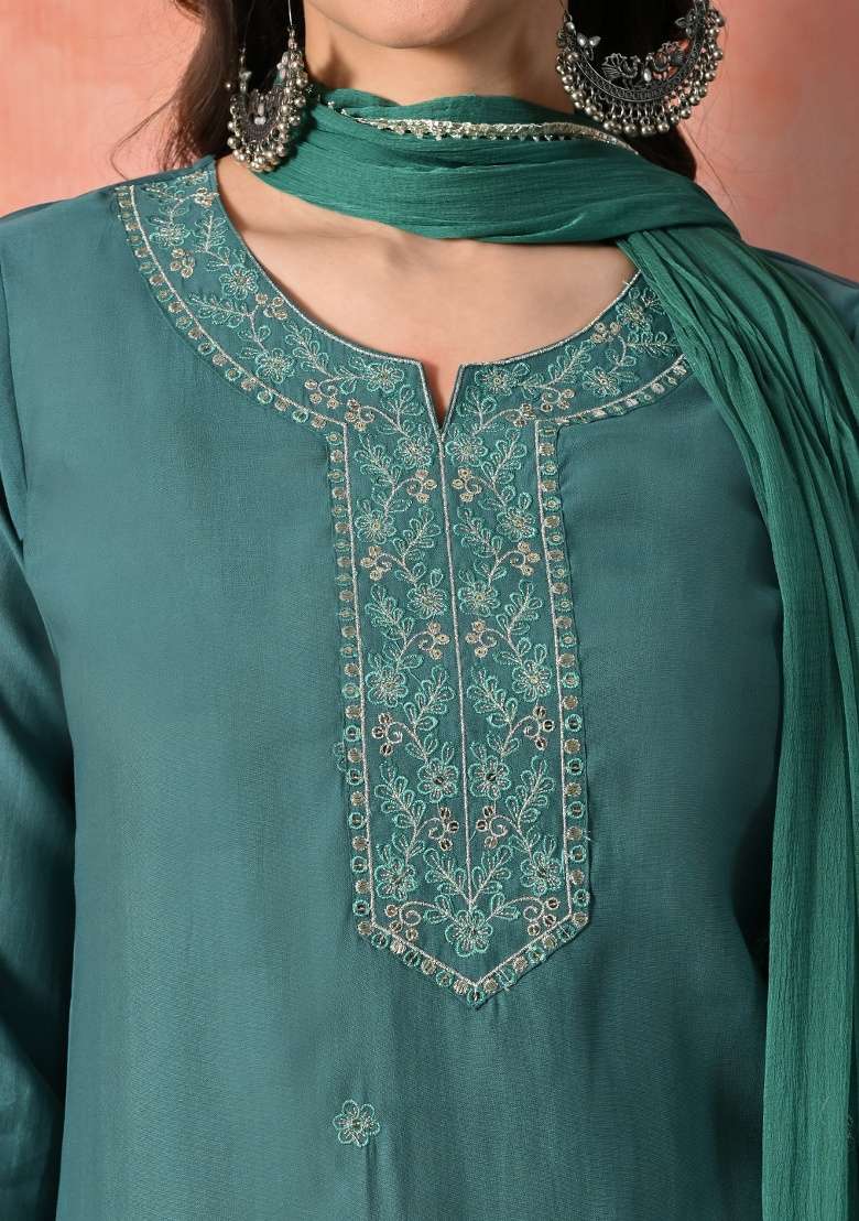 Teal Blue Embroidery Silk Blend Kurta Set - Indya