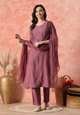 Purple Embroidery Silk Kurta Set