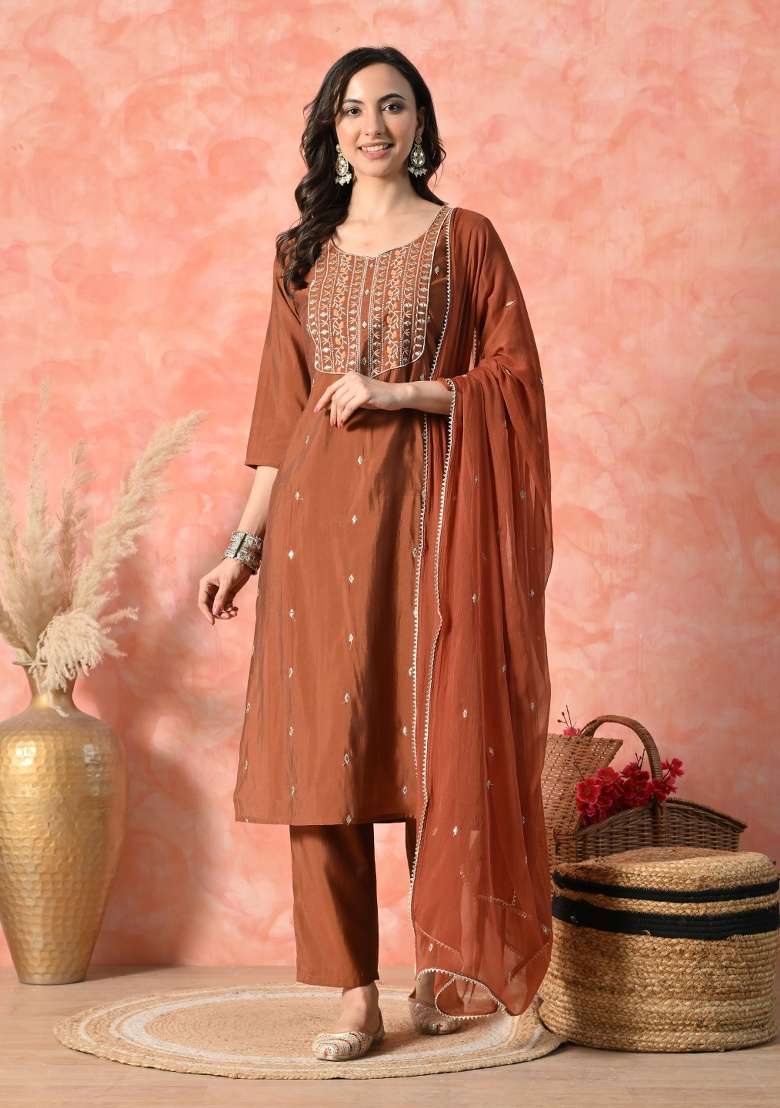 Brown Embroidery Silk Blend Kurta Set - Indya