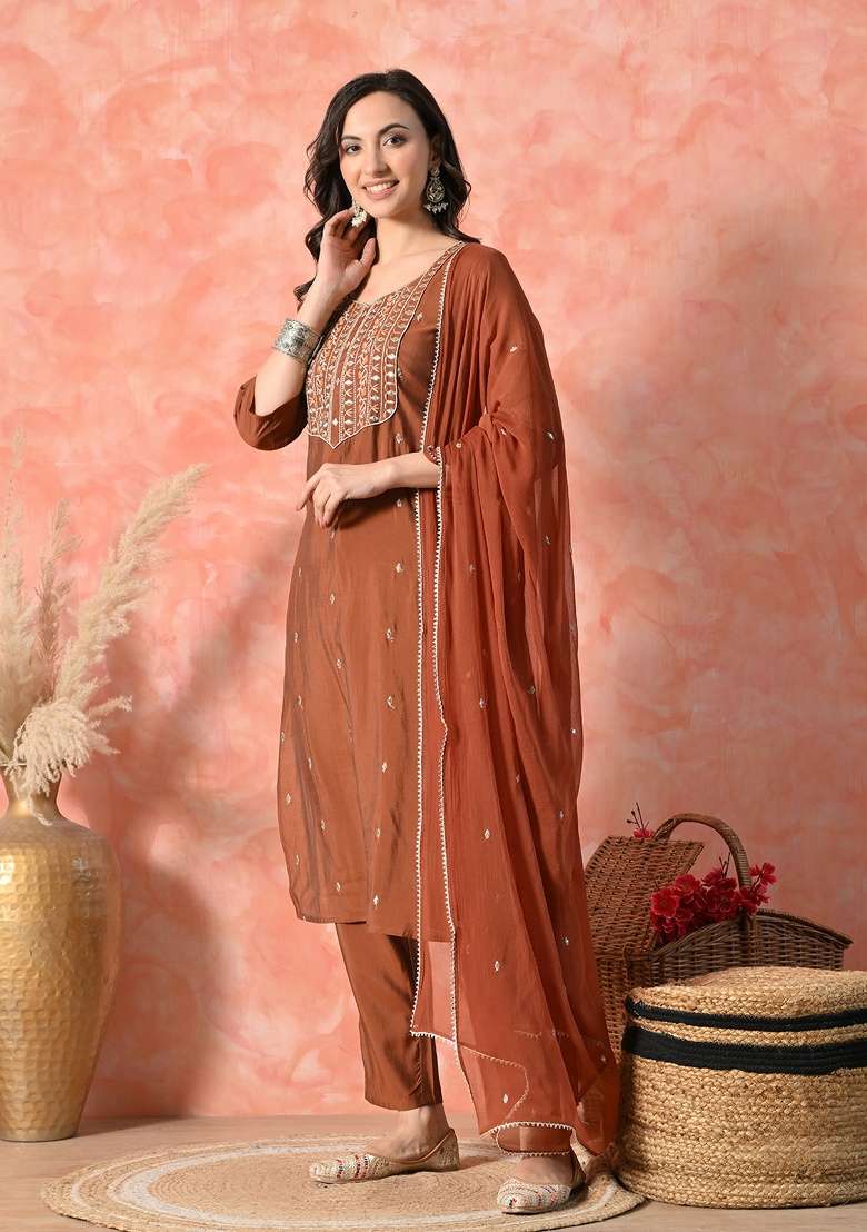 Brown Embroidery Silk Blend Kurta Set - Indya