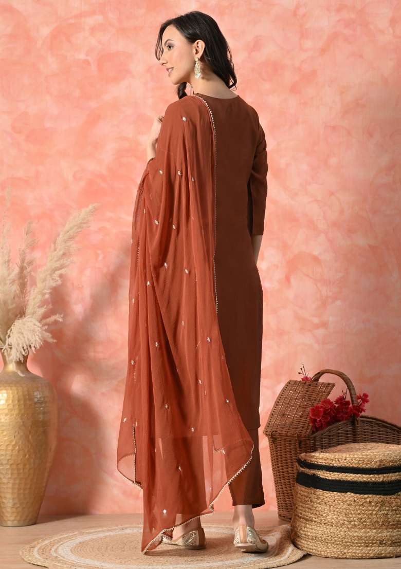 Brown Embroidery Silk Blend Kurta Set - Indya