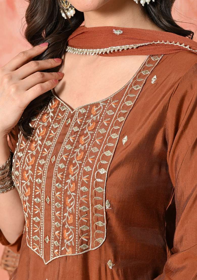 Brown Embroidery Silk Blend Kurta Set - Indya
