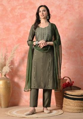 Green Embroidery Silk Kurta Set