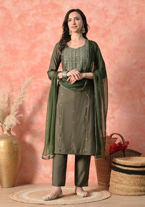 Green Embroidery Silk Kurta Set