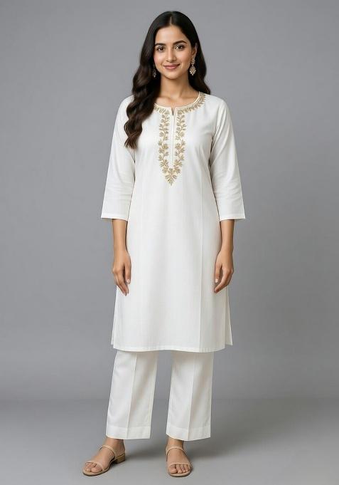 White Embroidery Rayon Kurti Set