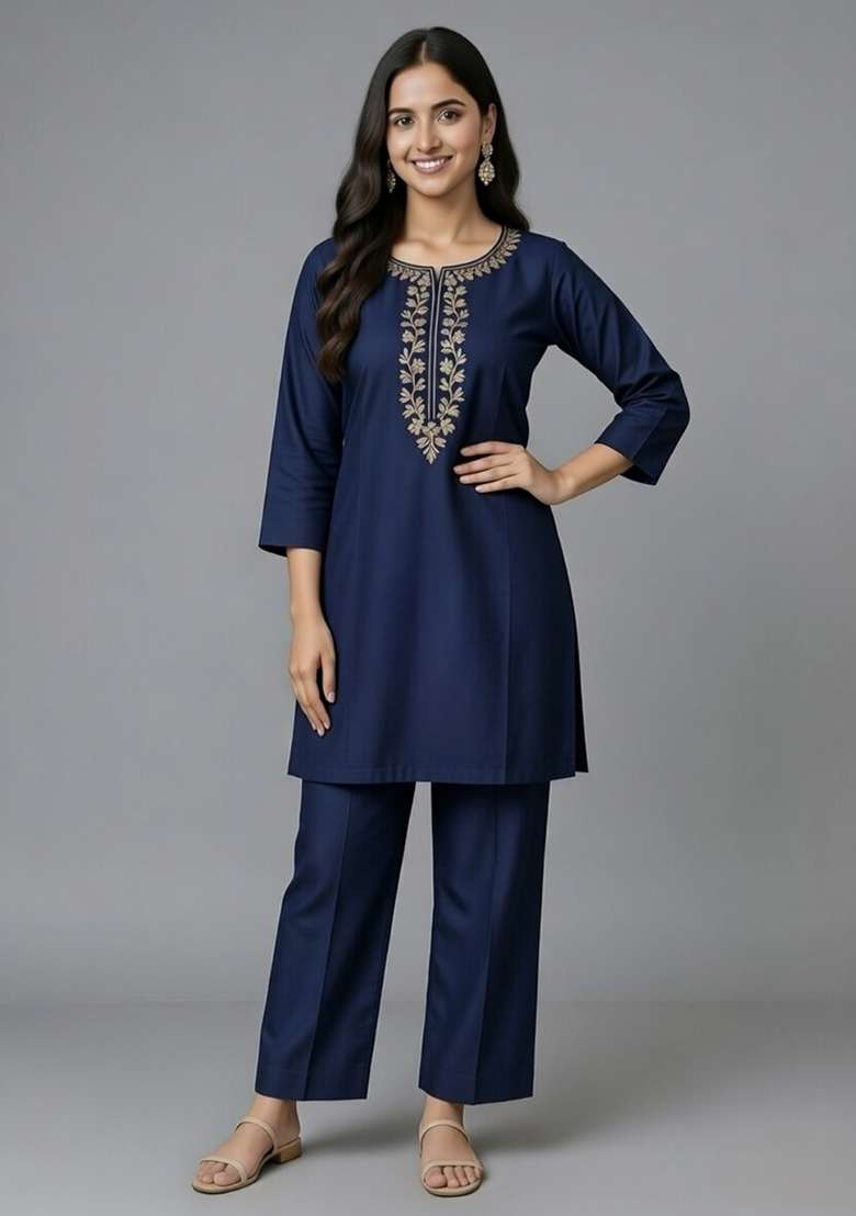 Navy Blue Embroidery Rayon Kurti Set - Indya