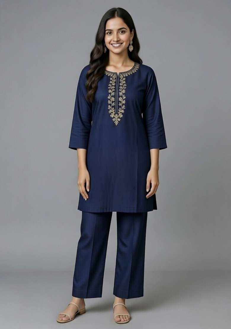 Navy Blue Embroidery Rayon Kurti Set - Indya