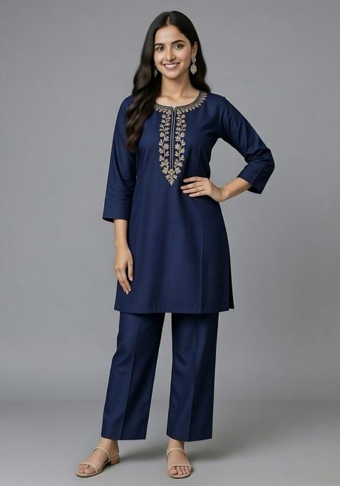 Navy Blue Embroidery Rayon Kurti Set