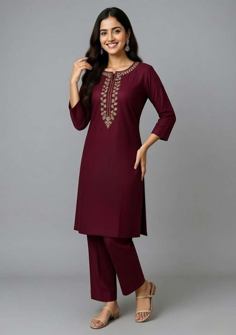 Maroon Embroidery Rayon Kurti Set - Indya