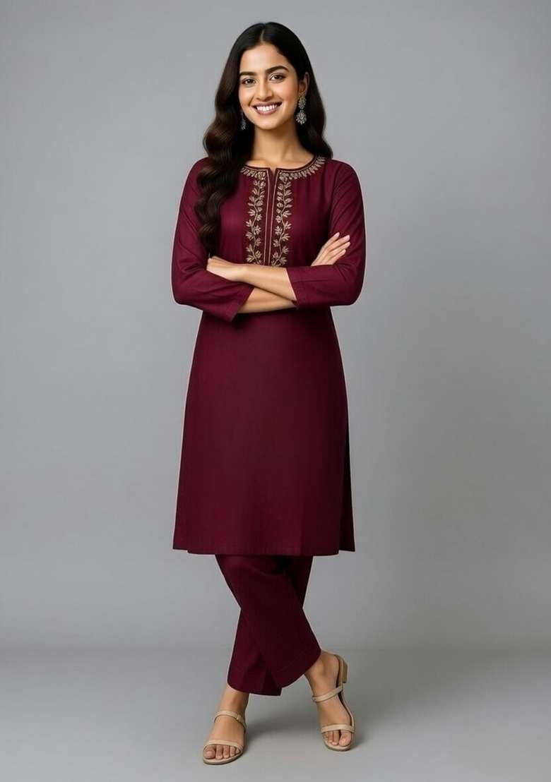 Maroon Embroidery Rayon Kurti Set - Indya