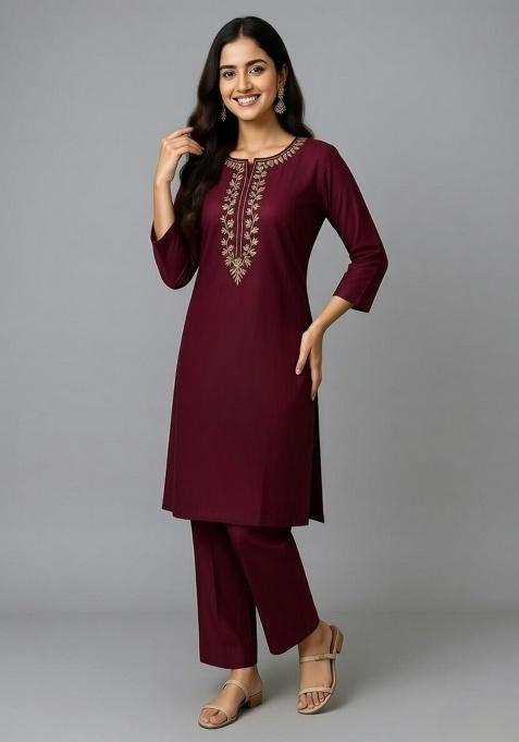 Maroon Embroidery Rayon Kurti Set