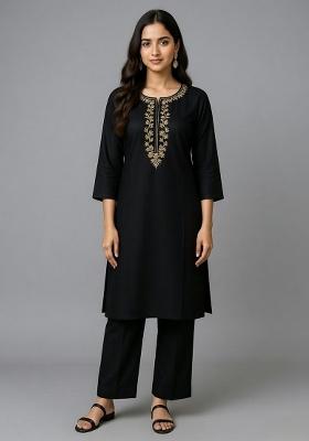 Black Embroidery Rayon Kurti Set