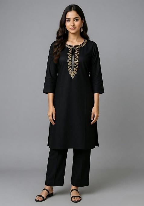 Black Embroidery Rayon Kurti Set