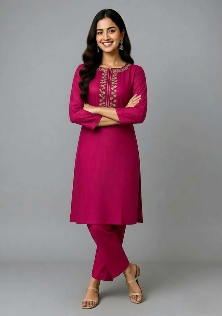 Pink Embroidery Rayon Kurti Set - Indya