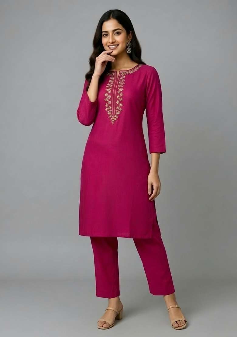 Pink Embroidery Rayon Kurti Set - Indya