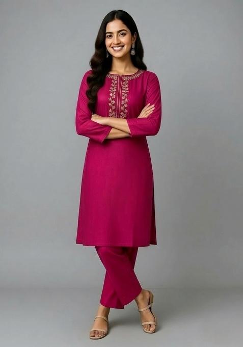 Pink Embroidery Rayon Kurti Set