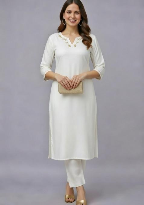White Embroidery Rayon Kurti Set