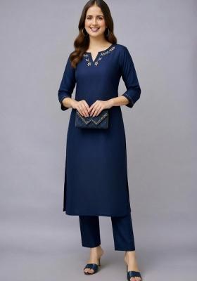 Navy Blue Embroidery Rayon Kurti Set
