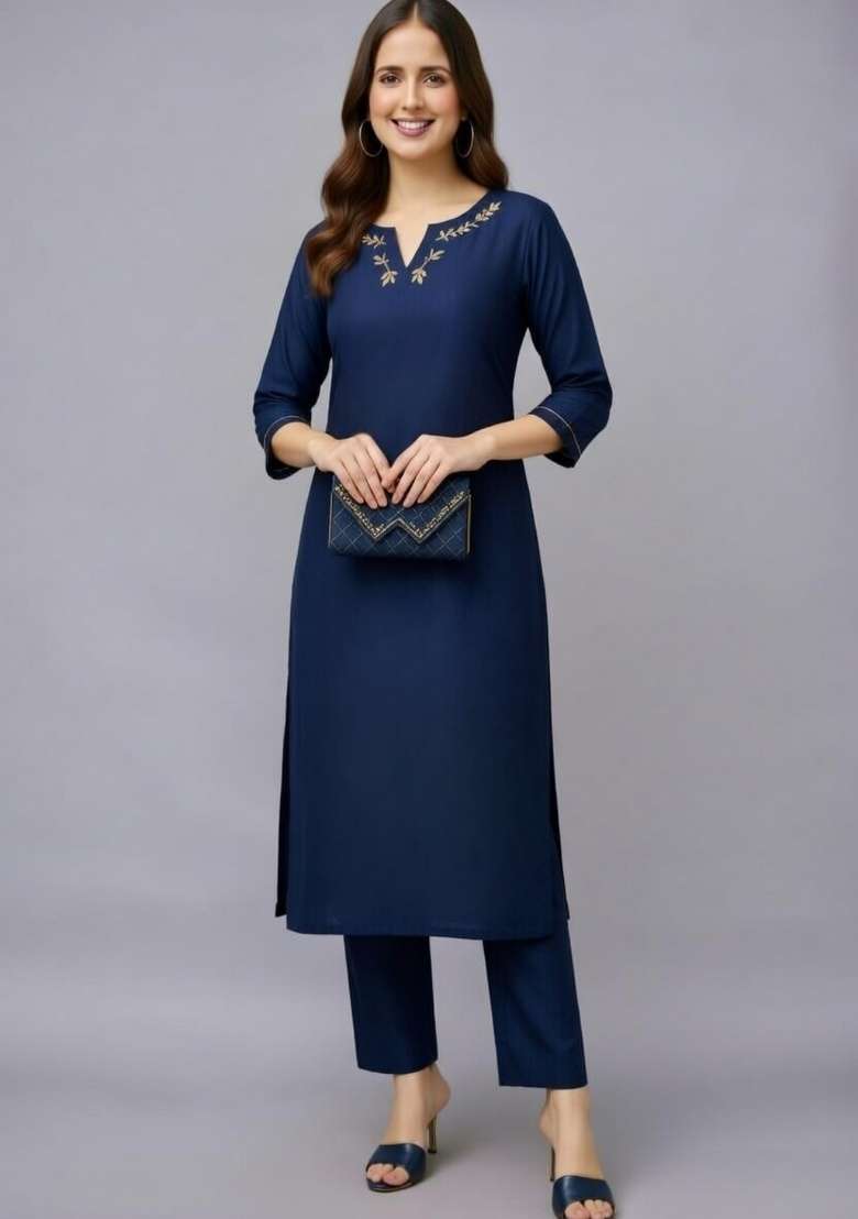 Navy Blue Embroidery Rayon Kurti Set - Indya