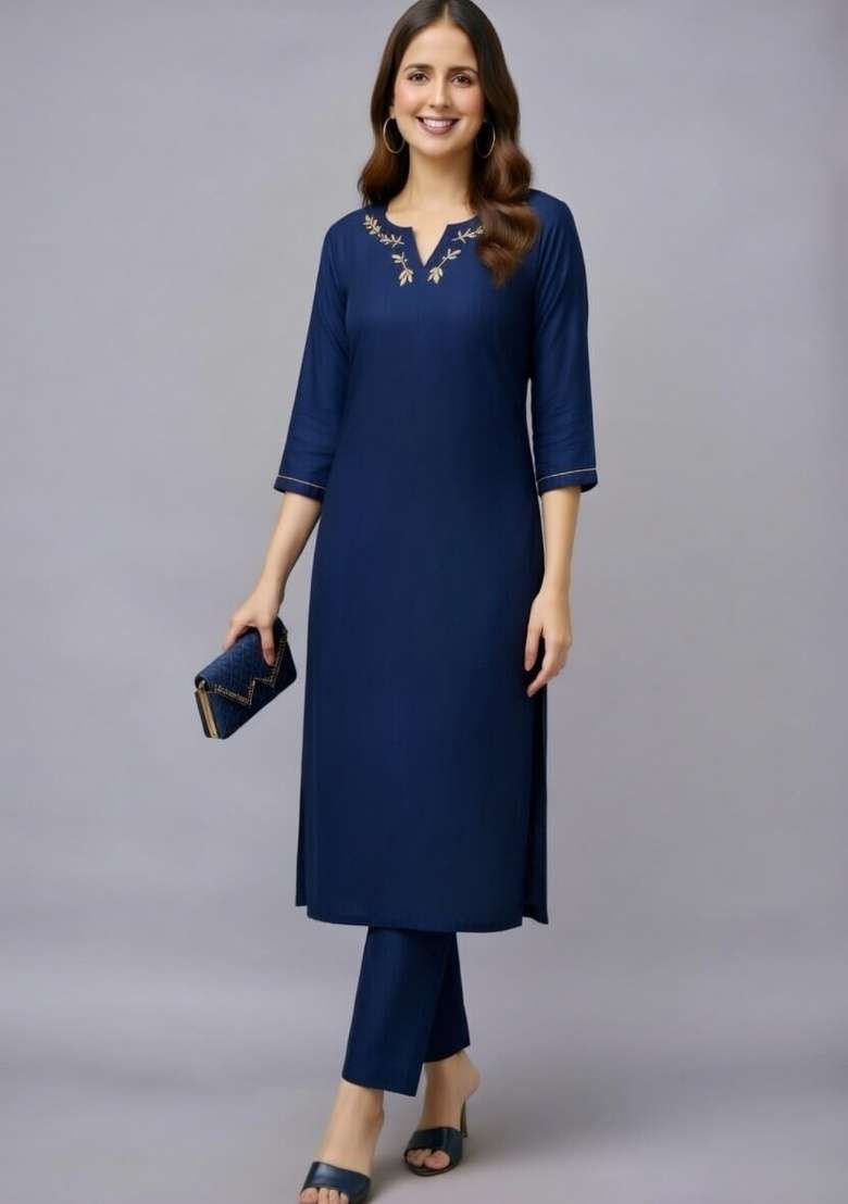 Navy Blue Embroidery Rayon Kurti Set - Indya