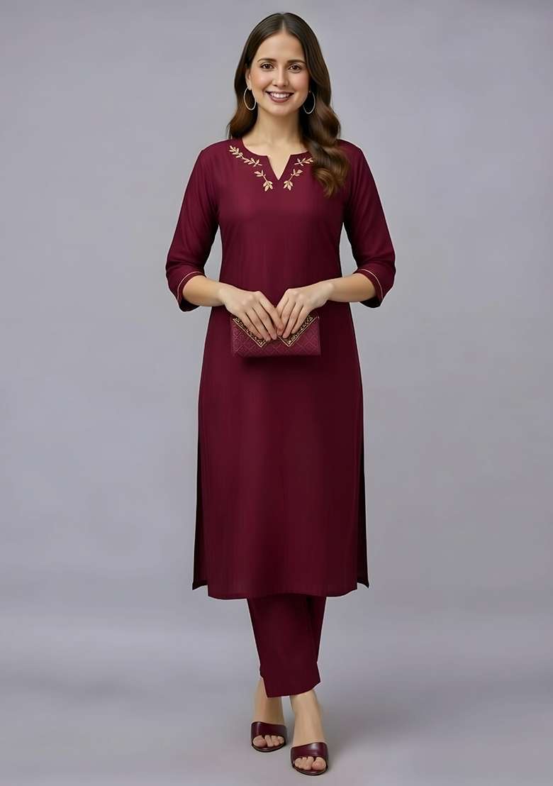 Maroon Embroidery Rayon Kurti Set - Indya