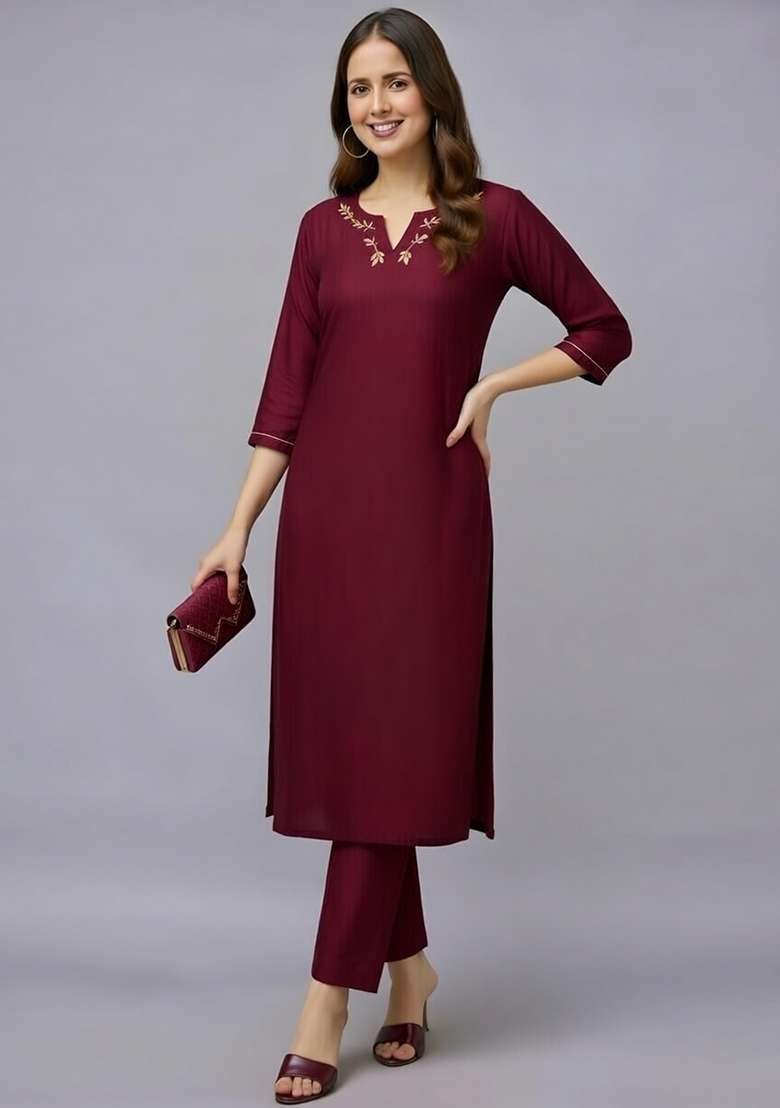 Maroon Embroidery Rayon Kurti Set - Indya