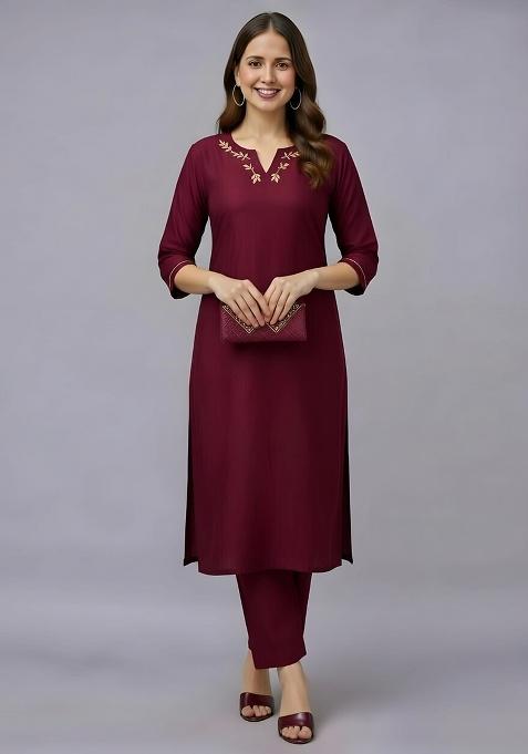 Maroon Embroidery Rayon Kurti Set