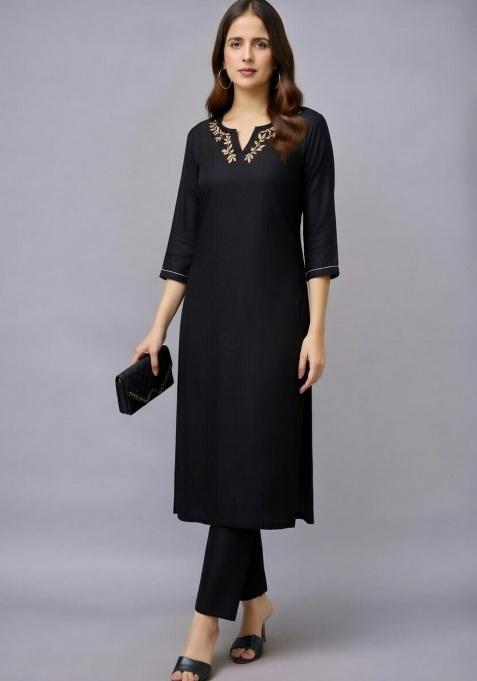 Black Embroidery Rayon Kurti Set