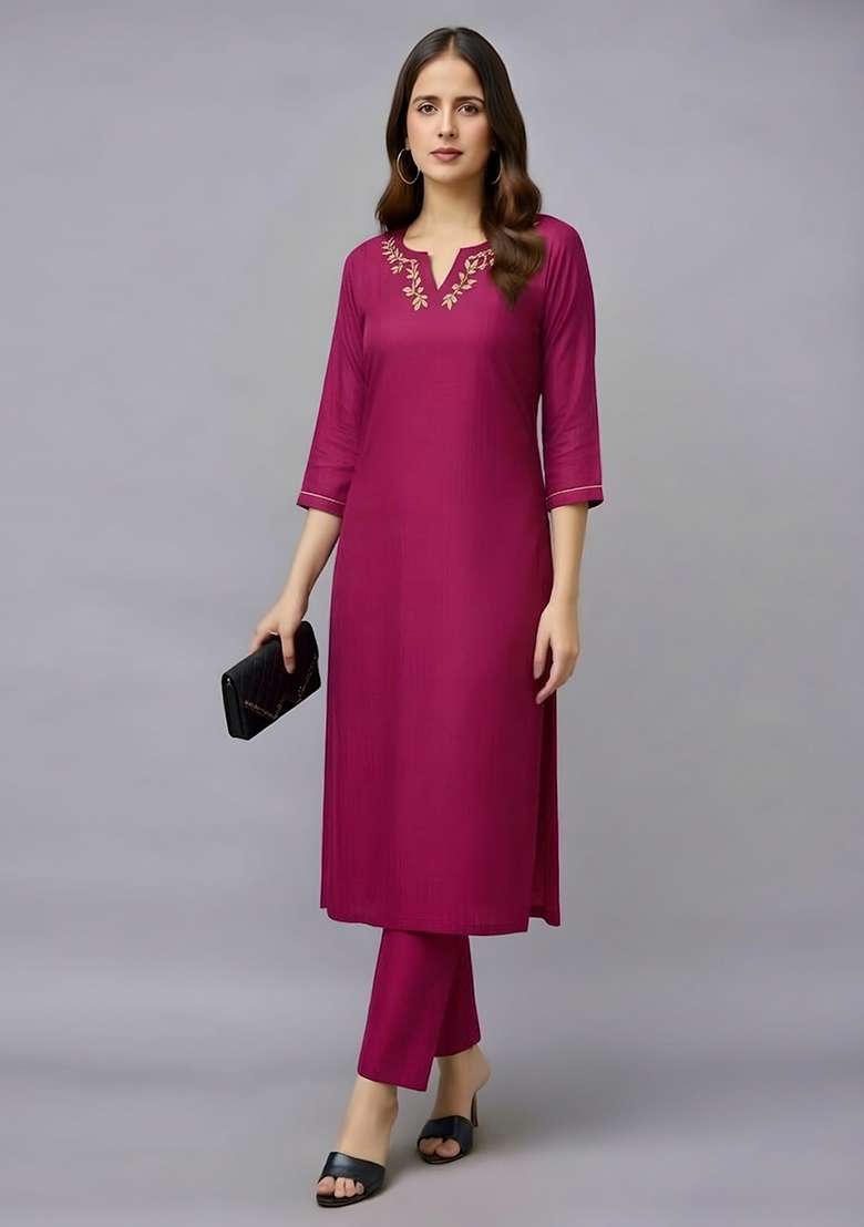 Pink Embroidery Rayon Kurti Set - Indya