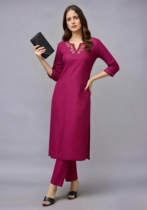 Pink Embroidery Rayon Kurti Set