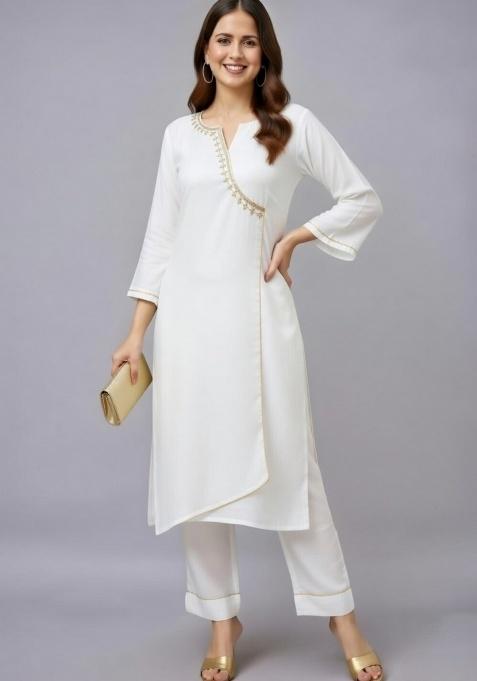 White Embroidery Rayon Kurti Set