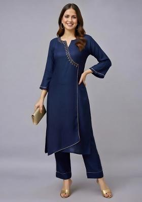 Navy Blue Embroidery Rayon Kurti Set