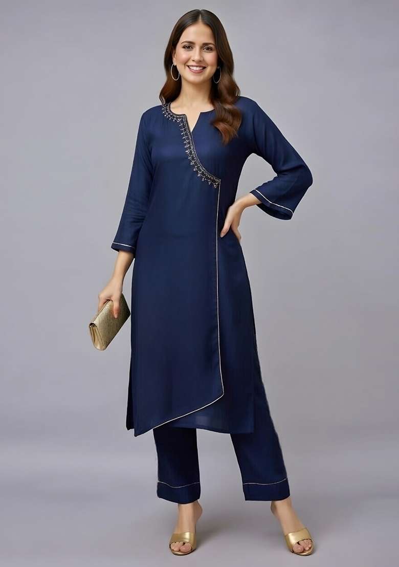 Navy Blue Embroidery Rayon Kurti Set - Indya
