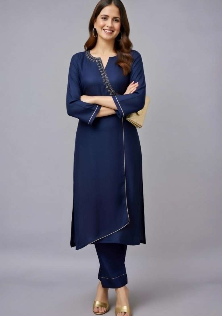 Navy Blue Embroidery Rayon Kurti Set - Indya