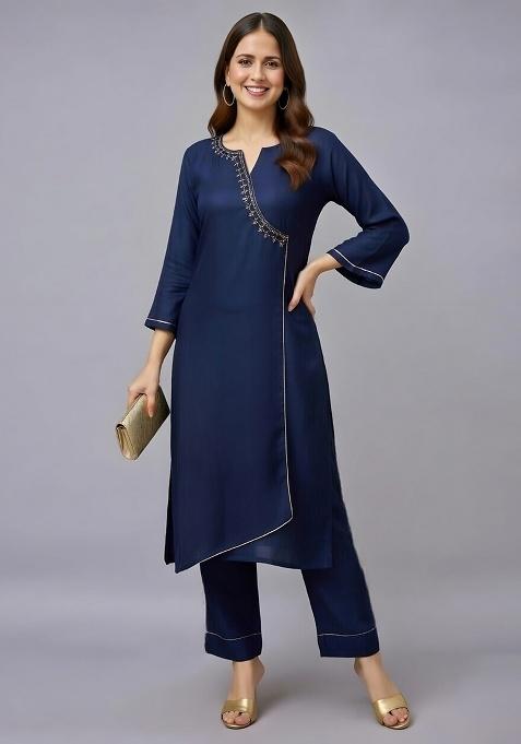 Navy Blue Embroidery Rayon Kurti Set