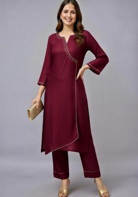 Maroon Embroidery Rayon Kurti Set