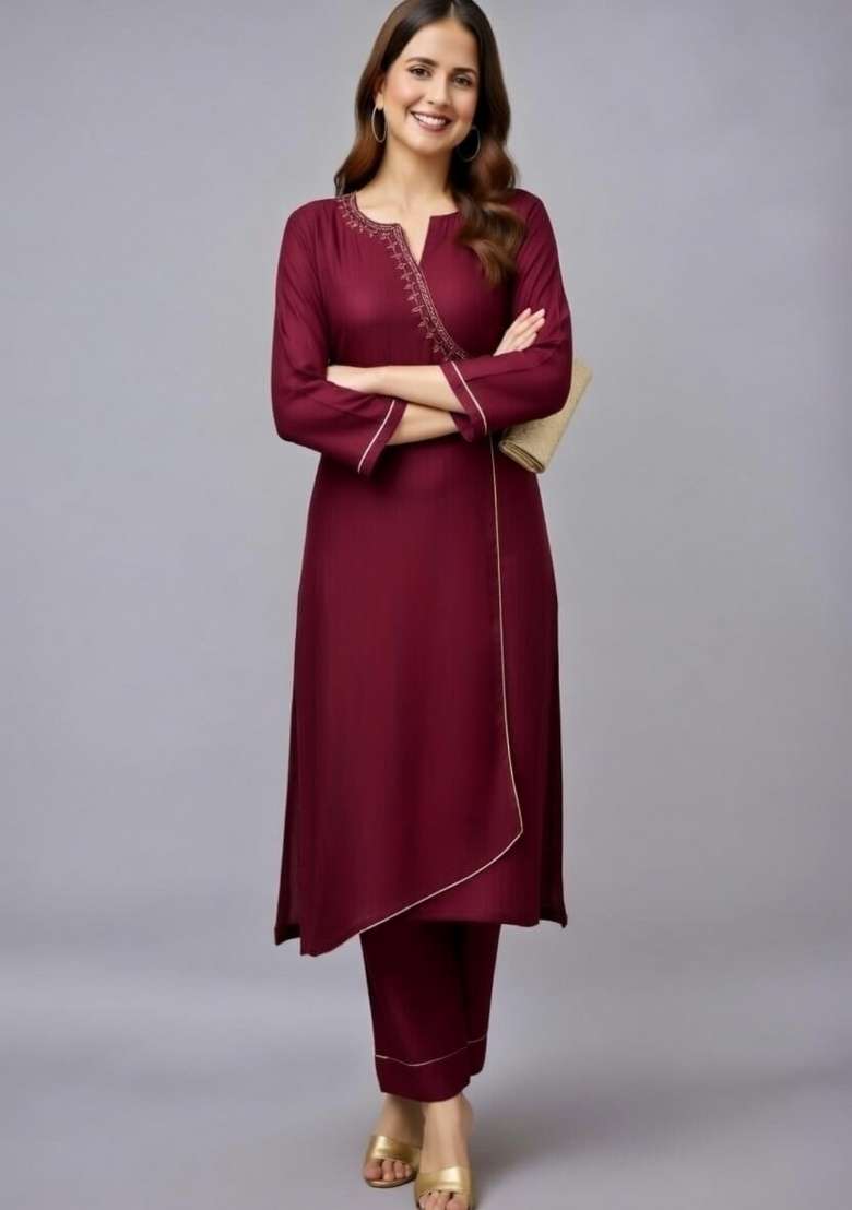 Maroon Embroidery Rayon Kurti Set - Indya