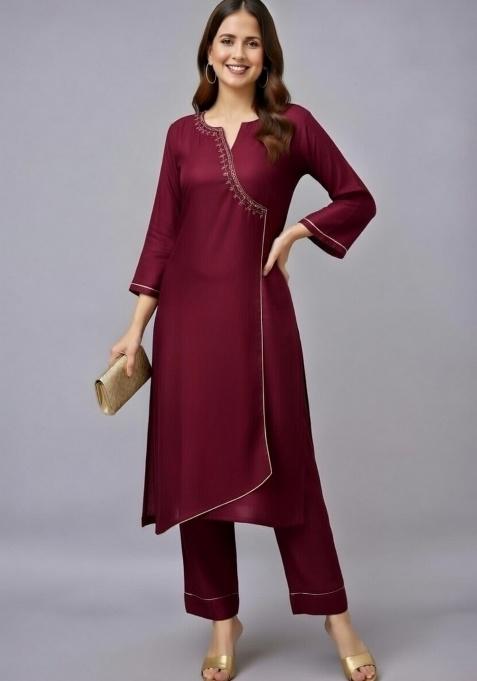 Maroon Embroidery Rayon Kurti Set