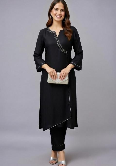 Black Embroidery Rayon Kurti Set