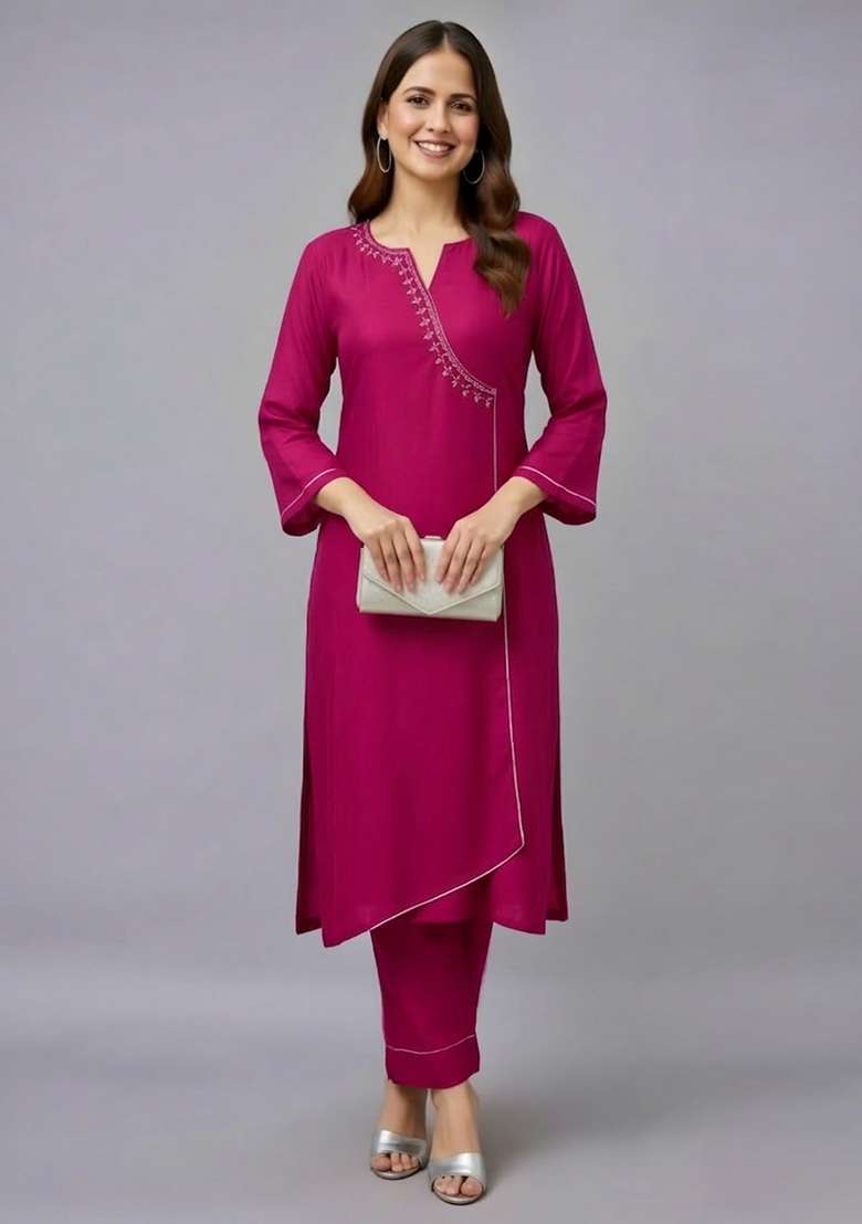 Pink Embroidery Rayon Kurti Set - Indya