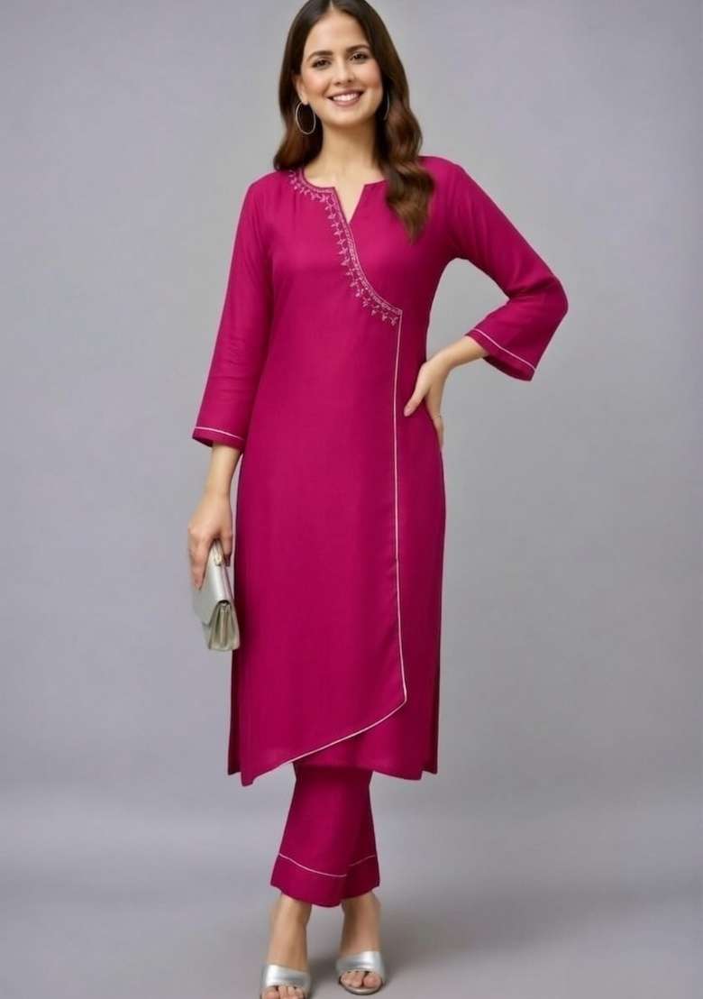 Pink Embroidery Rayon Kurti Set - Indya